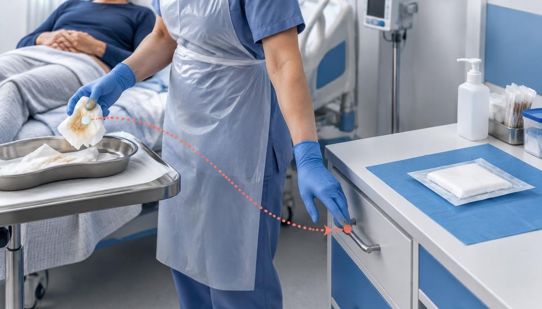 Medicinska sestra nakon uklanjanja stare obloge zaustavlja ruku prije dodira ladice i nove sterilne gaze