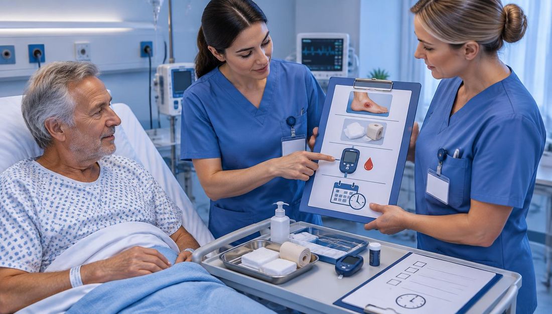 Dvije medicinske sestre uz bolesnika predaju plan skrbi za dijabetičku ranu, pomagalo i praćenje glikemije.