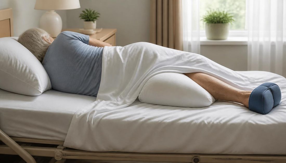 Positioning a patient in bed with pillows to offload the heel and lateral surfaces