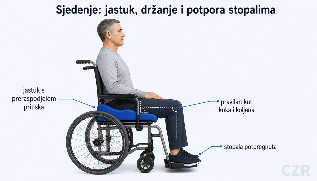 Bočni prikaz osobe u invalidskim kolicima na oblikovanome jastuku s preraspodjelom pritiska: zdjelica uspravna, bedra vodoravna, kukovi i koljeni u kutu od oko 90 stupnjeva, stopala potpregnuta na osloncima.