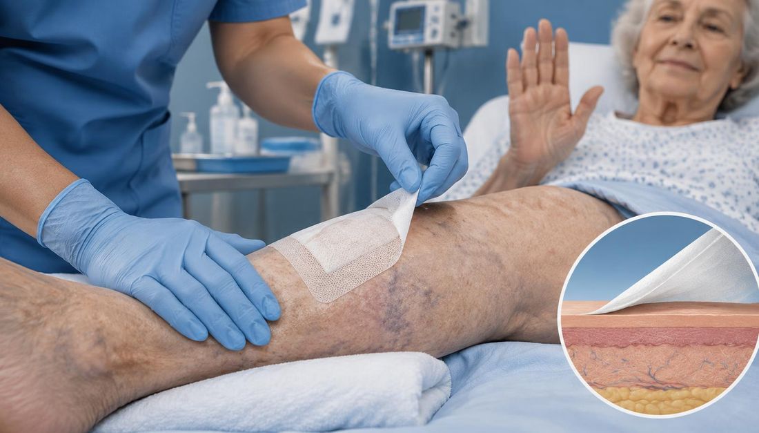 Medicinska sestra podupire krhku kožu potkoljenice i polako uklanja ljepljivu oblogu dok bolesnica podignutom rukom traži stanku