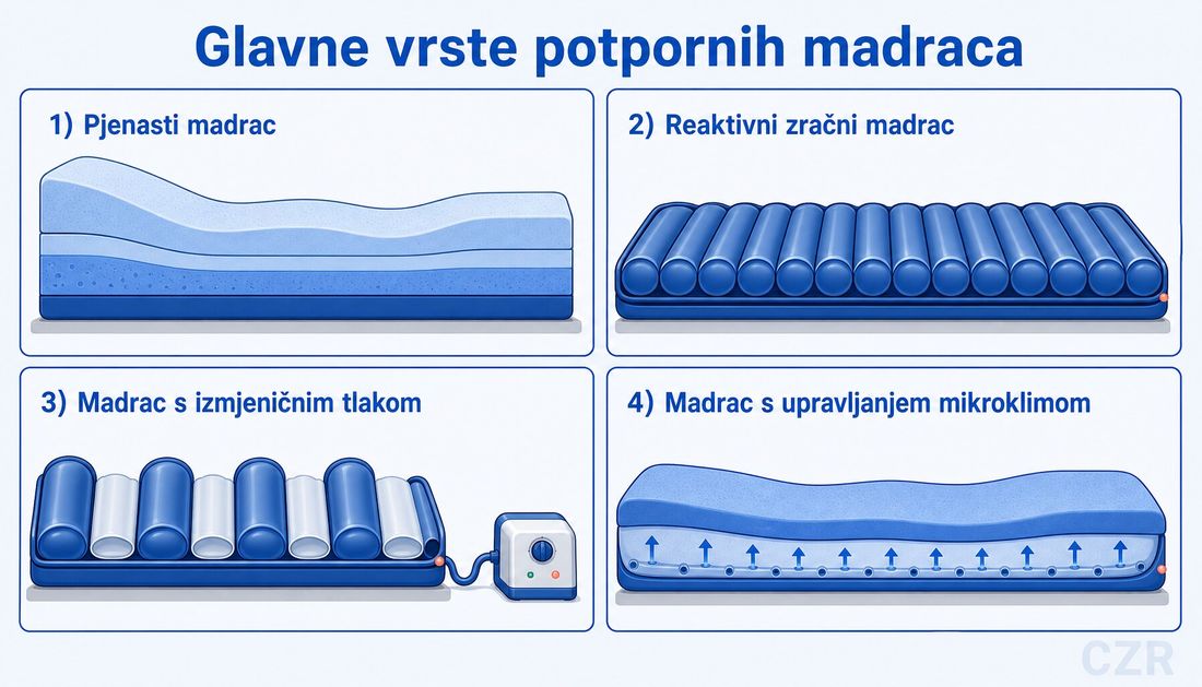 Pregledna shema četiriju glavnih vrsta potpornih madraca u mreži od četiri polja: slojeviti pjenasti madrac, reaktivni zračni madrac s jednako napuhanim cijevima, madrac s izmjeničnim tlakom s naizmjenično napuhanim ćelijama i pumpom te madrac s upravljanjem mikroklimom s malim strelicama protoka zraka.