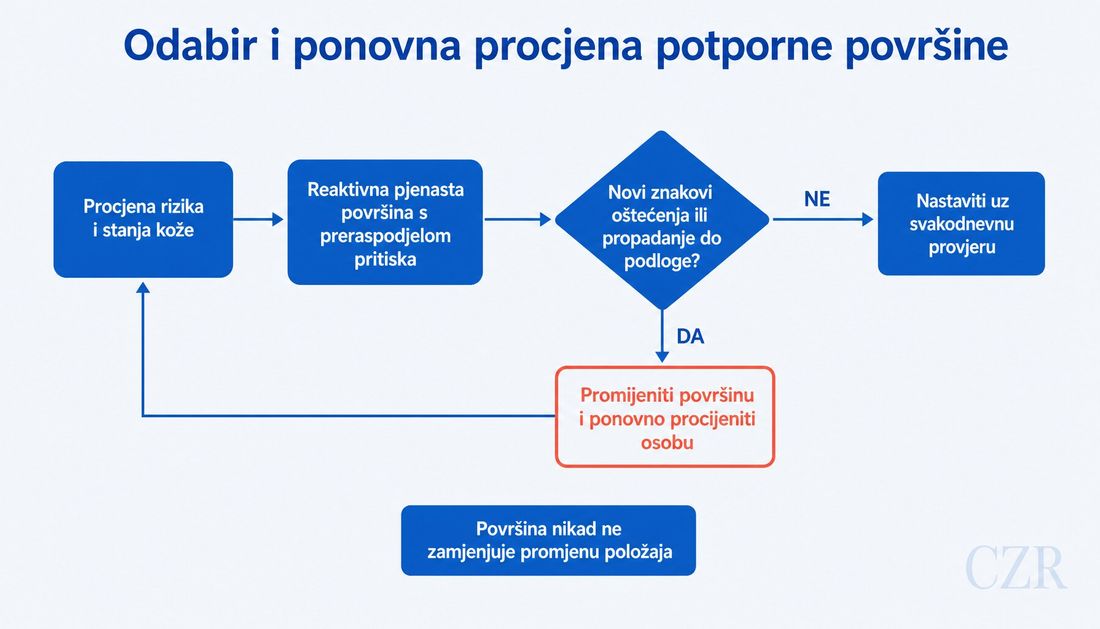 Algoritam odabira i ponovne procjene potporne površine: procjena rizika i stanja kože vodi na reaktivnu pjenastu površinu s preraspodjelom pritiska, zatim odluka o novim znakovima oštećenja ili propadanju do podloge s grananjem na promjenu površine i ponovnu procjenu ili nastavak uz svakodnevnu provjeru.