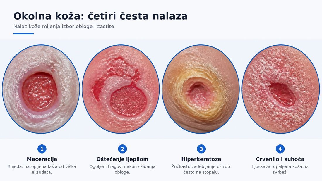 Četiri povećana prikaza okolne kože: bijela raskvašena maceracija, sjajno crveno oguljeno područje ekskorijacije, žućkasti zadebljani kalus s hiperkeratozom te suha ljuskava upaljena koža.