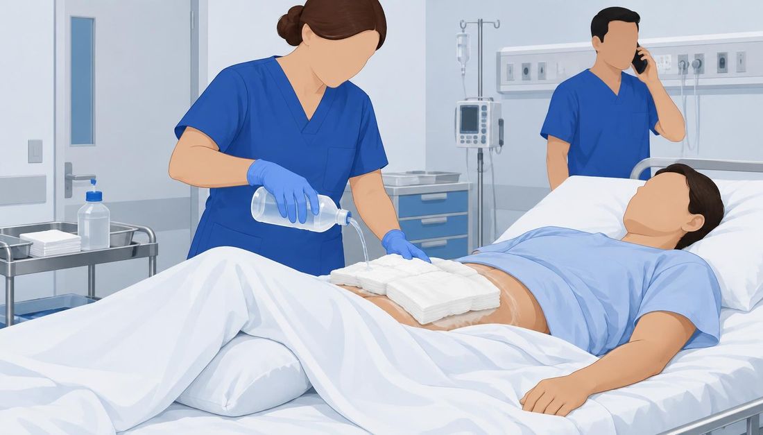 Bolesnik leži na leđima dok medicinska sestra vlaži sterilne gaze na trbuhu fiziološkom otopinom, a drugi djelatnik telefonom poziva kirurški tim