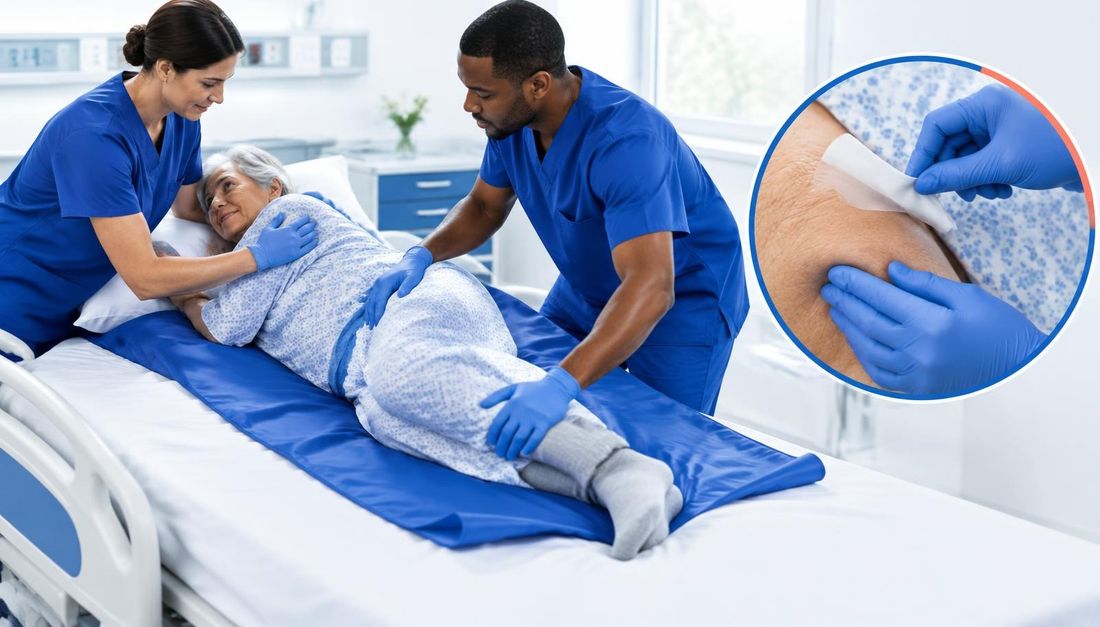 Dvije medicinske sestre sigurno premještaju stariju bolesnicu kliznom plahtom uz prikaz nježnog uklanjanja ljepila