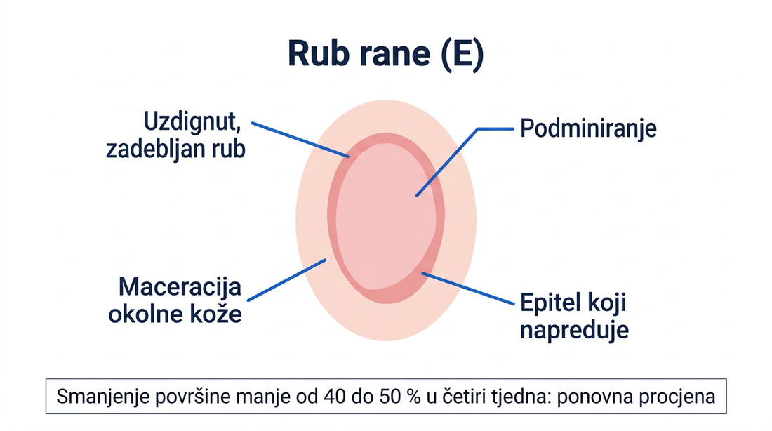 Shematski prikaz ruba rane s oznakama uzdignutog zadebljanog ruba, podminiranja, maceracije okolne kože i epitela koji napreduje