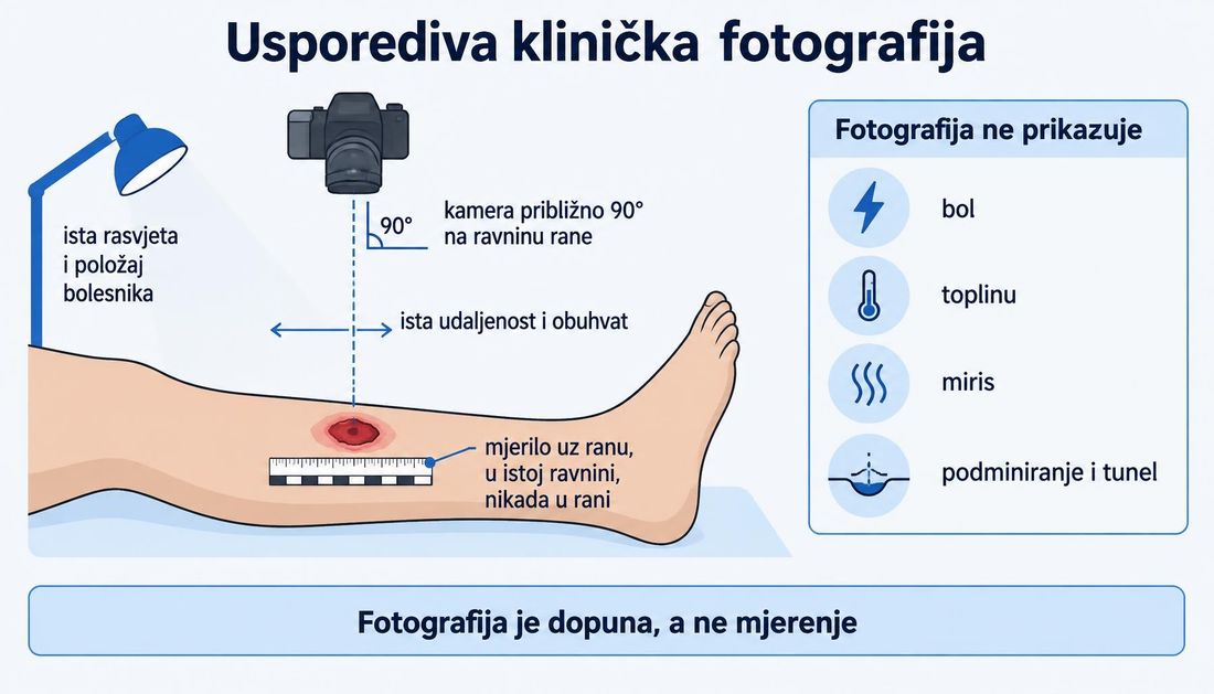Tehnička shema usporedive kliničke fotografije: kamera približno pod devedeset stupnjeva, ista udaljenost i rasvjeta, mjerilo na koži uz ranu te popis nalaza koje fotografija ne prikazuje.