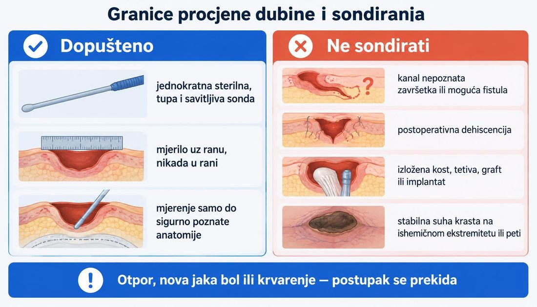 Shema sigurnosnih granica sondiranja: dopuštena jednokratna sterilna tupa sonda, mjerilo uz ranu i mjerenje do sigurno poznate anatomije te zabrane kod kanala nepoznata završetka, dehiscencije, izložene kosti ili implantata i stabilne suhe kraste.