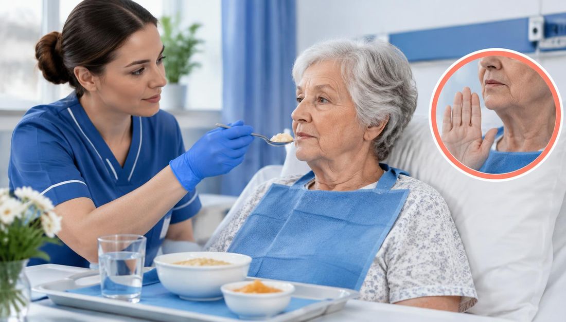 Medicinska sestra pomaže budnoj bolesnici pri hranjenju, uz prikaz znaka za prekid ako se pojavi sumnja na nesigurno gutanje.