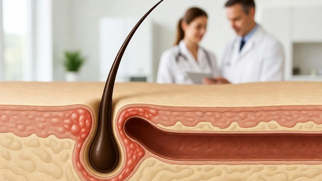 Medicinska ilustracija hidradenitisa suppurativa s upaljenim folikulom, potkožnim tunelom i stručnim timom u pozadini.
