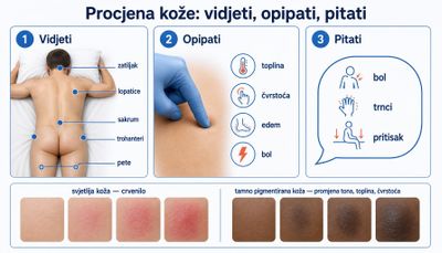 Shema procjene kože u tri koraka: vidjeti rizična mjesta (zatiljak, lopatice, križna kost, trohanteri, pete), opipati toplinu, čvrstoću, edem i bol te pitati bolesnika, uz usporedbu svjetlije i tamno pigmentirane kože.