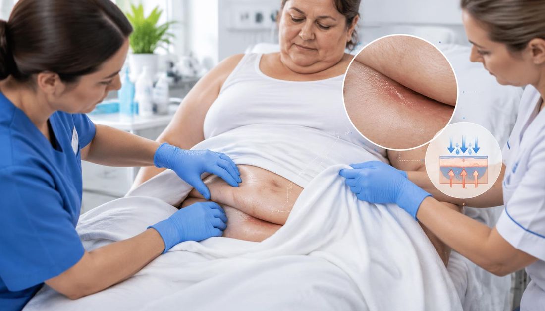 Dvije medicinske sestre uz pristanak pregledavaju donji trbušni kožni pregib osobe veće tjelesne mase u sigurnom polusjedećem položaju.