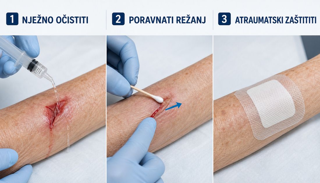 Tri uzastopna koraka zbrinjavanja razderotine kože na podlaktici: nježno ispiranje, poravnavanje vitalnoga kožnog režnja mekanim aplikatorom i zaštita atraumatskom oblogom.