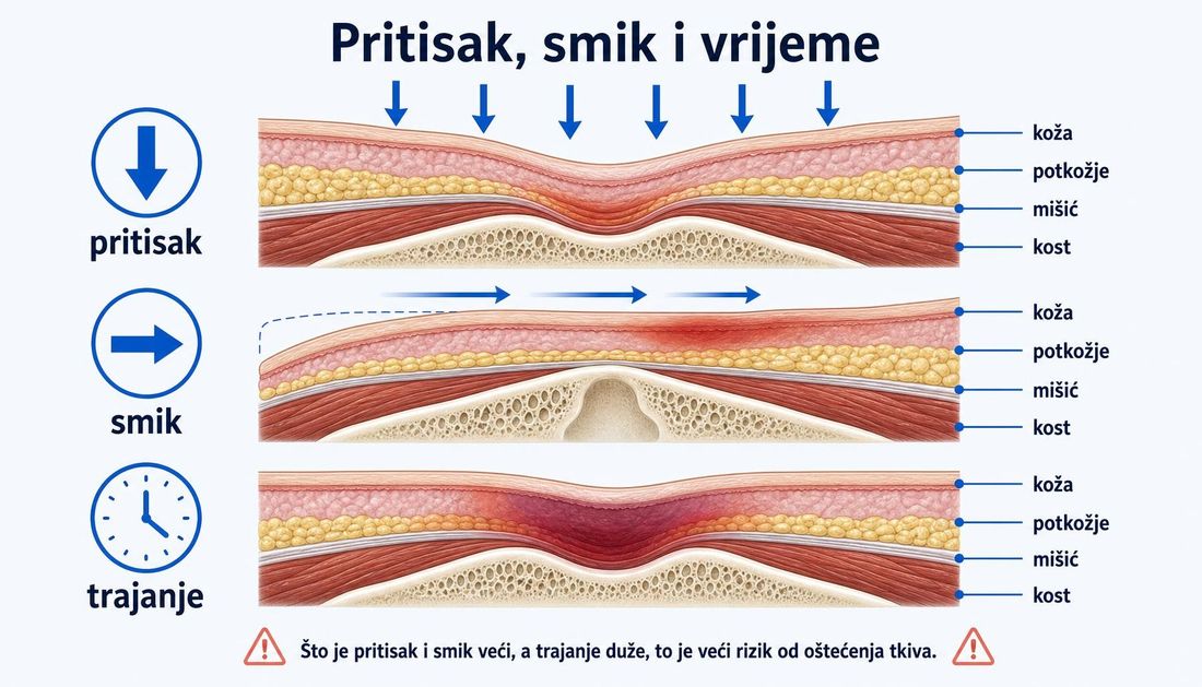 Shema u tri sloja prikazuje kako pritisak, smik i trajanje djeluju na kožu, potkožje, mišić i kost nad koštanom izbočinom.