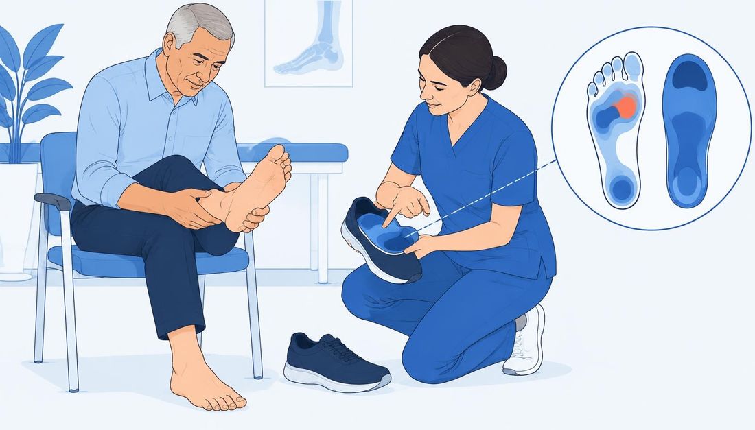 Bolesnik pregledava oba stopala dok medicinska sestra provjerava unutrašnjost zaštitne obuće i uložak za smanjenje plantarnoga pritiska