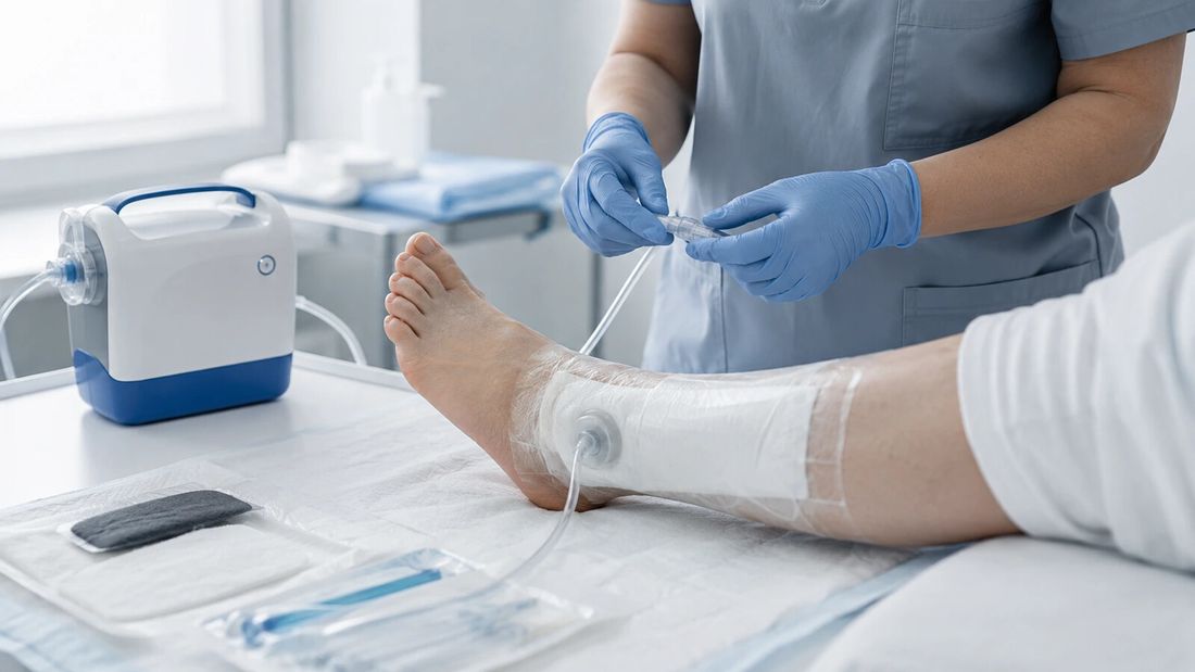 Zdravstveni djelatnik priprema sustav terapije rane negativnim tlakom na potkoljenici pacijenta u kliničkom okruženju.