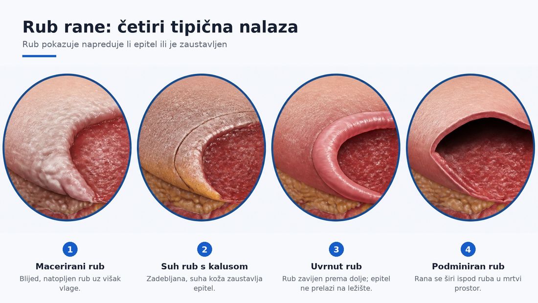 Četiri povećana prikaza ruba rane: raskvašen bijeli maceriran rub, suh i ispucao dehidriran rub, uvrnut zadebljan rub kod epibole i podminiran rub s kožnim previsom iznad šupljine.
