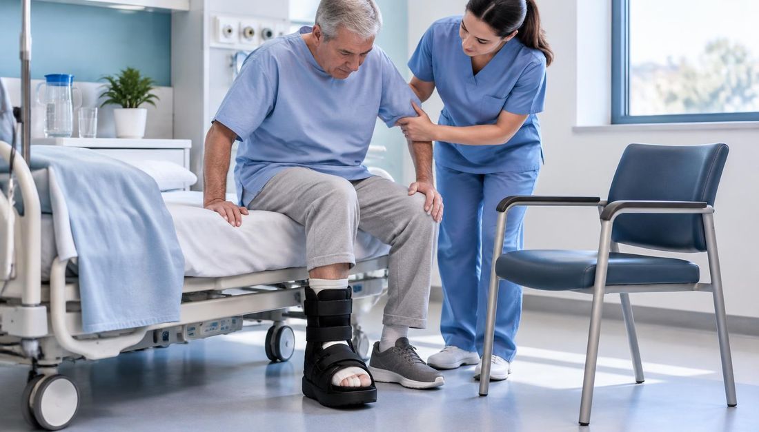 Bolesnik s rasteretnim pomagalom prelazi iz kreveta u stolicu uz pomoć medicinske sestre.