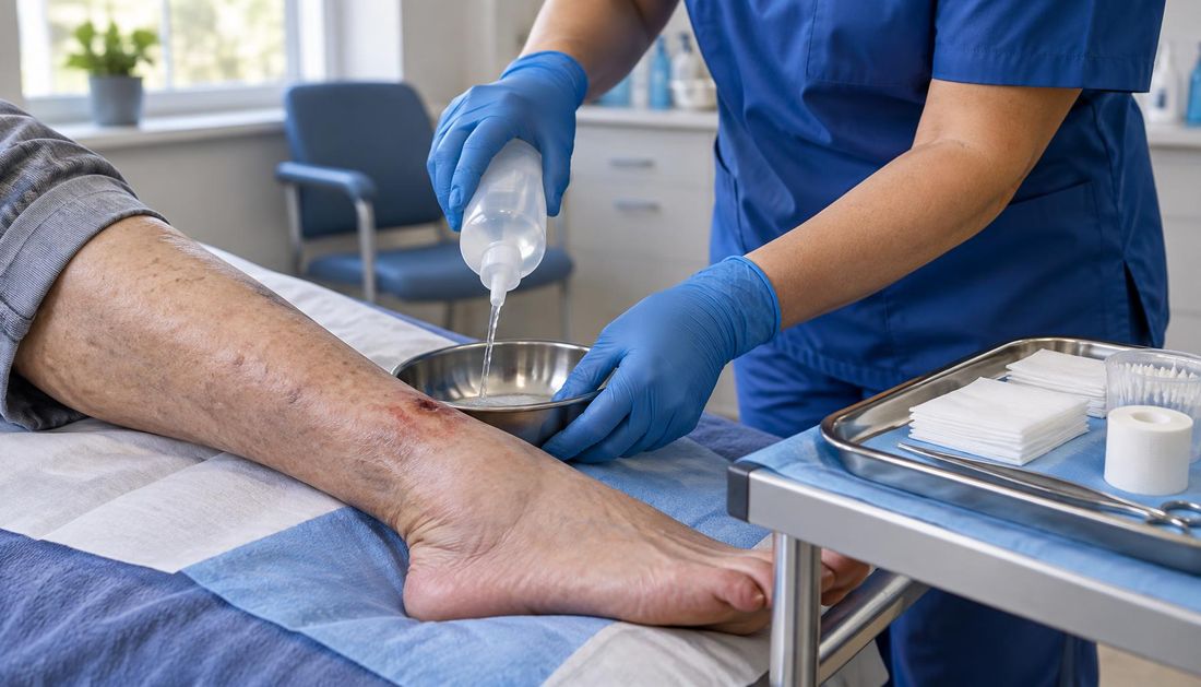 Fotorealističan prizor promjene obloge: medicinska sestra u kobaltnim rukavicama ispire malu ranu na potkoljenici starije osobe fiziološkom otopinom nad posudom, uz pripremljen pribor na čistoj kolici; lice bolesnika nije vidljivo.