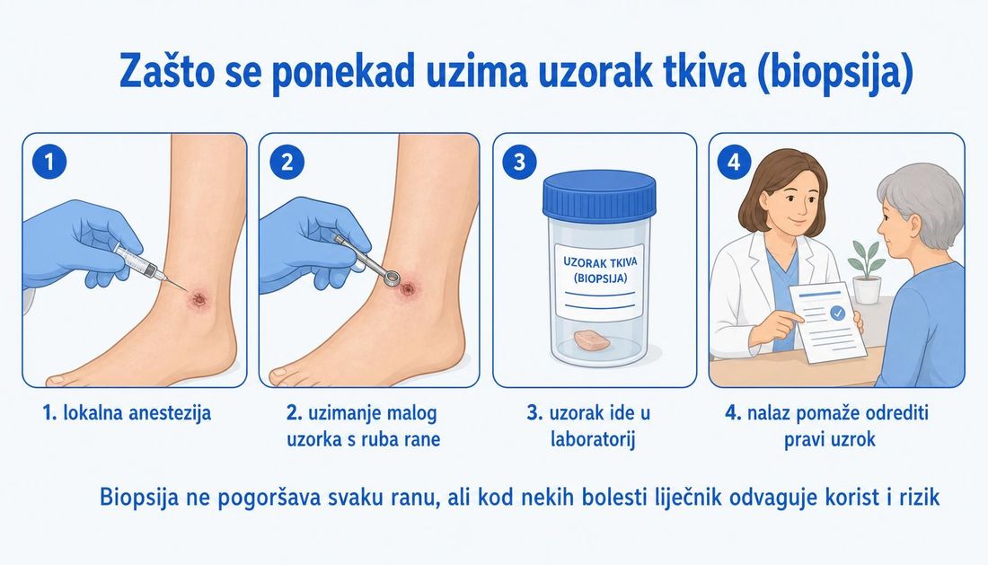 Jednostavna ilustracija u četiri koraka koja objašnjava biopsiju rane: lokalna anestezija, uzimanje malog uzorka s ruba rane, slanje uzorka u laboratorij i nalaz koji pomaže odrediti pravi uzrok.