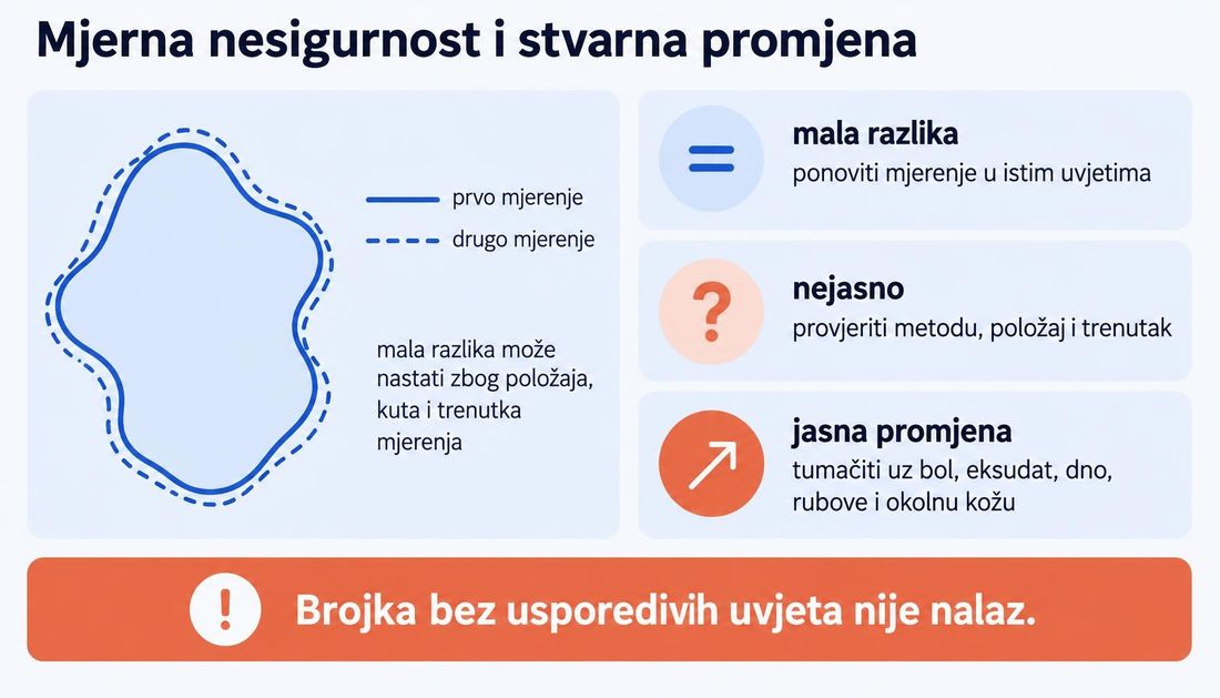 Shema mjerne nesigurnosti: isti obris rane s dvama blago različitim mjerenjima te tri razine tumačenja razlike bez brojčanih pragova.