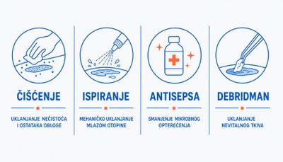 Shema u četiri stupca s hrvatskim oznakama: čišćenje kao uklanjanje nečistoća i ostataka obloge, ispiranje kao mehaničko uklanjanje mlazom otopine, antisepsa kao smanjenje mikrobnog opterećenja i debridman kao uklanjanje nevitalnog tkiva.