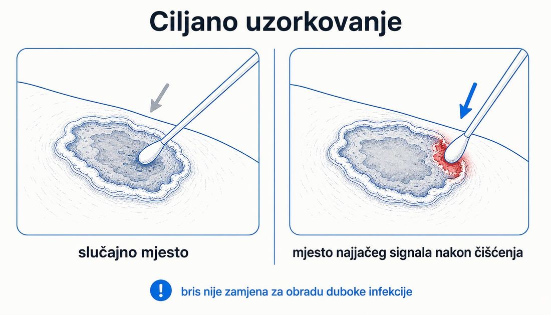 Usporedba uzorkovanja rane: bris uzet sa slučajnog mjesta u središtu rane i bris uzet s mjesta najjačeg crvenog signala na rubu rane nakon čišćenja.