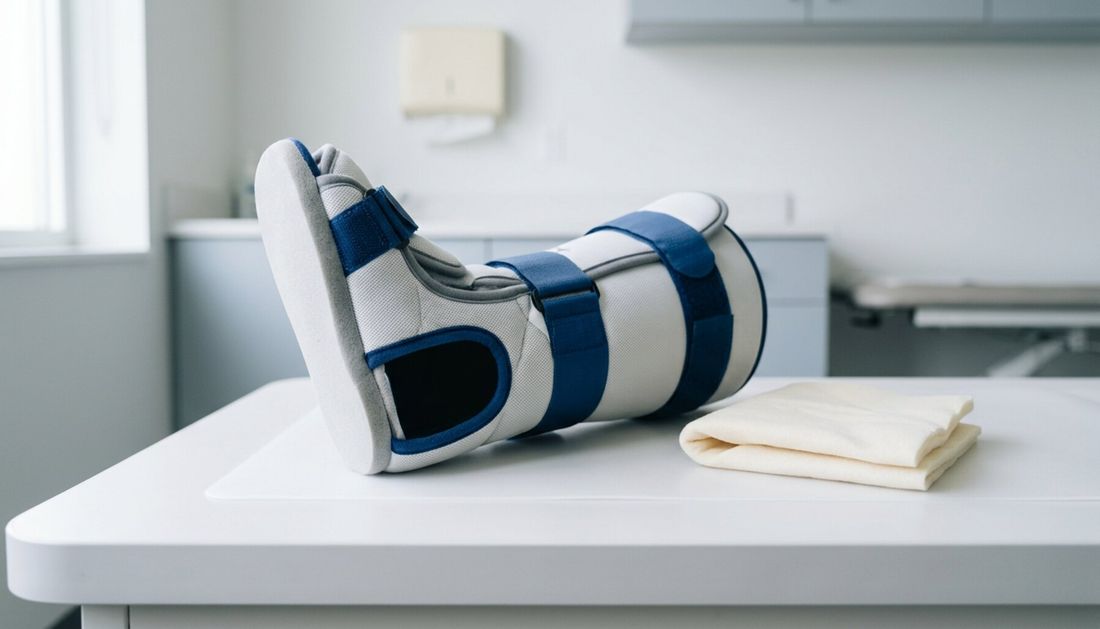 Namjensko pomagalo za rasterećenje pete s otvorom za petu i podstavljenim dijelom za potkoljenicu, prikazano na neutralnoj kliničkoj podlozi.