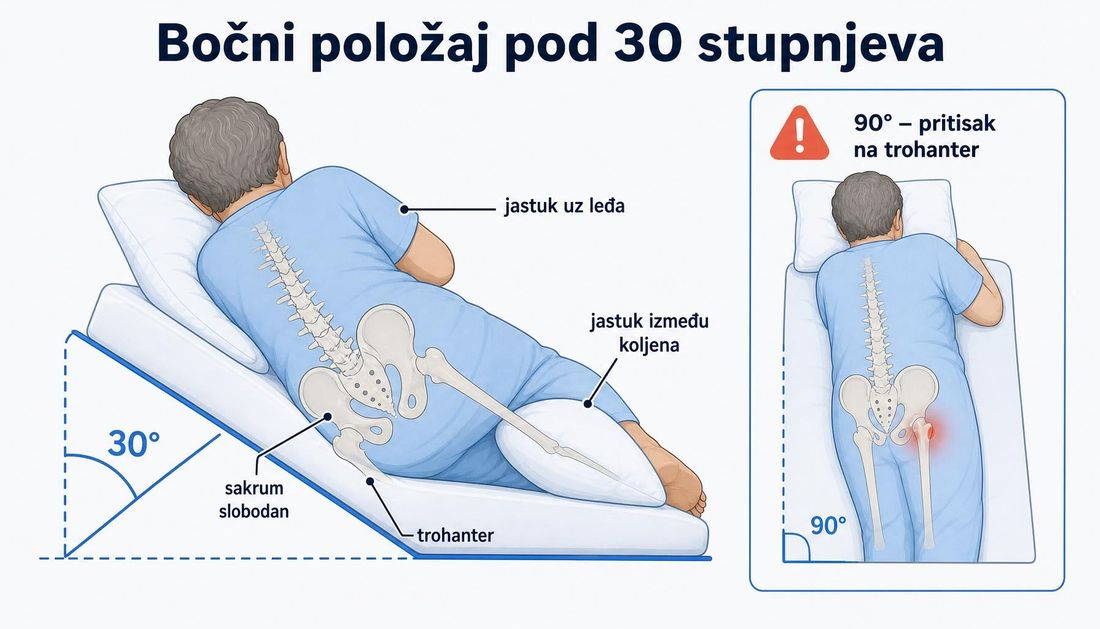 Bočni položaj pod približno 30 stupnjeva s jastucima uz leđa i između koljena te slobodnim sakrumom, uz usporedbu s položajem na 90 stupnjeva.