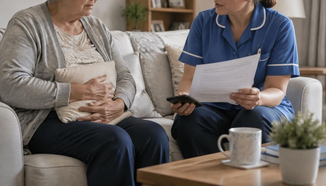 Patronažna medicinska sestra u domu objašnjava starijoj bolesnici pisani plan skrbi dok bolesnica jastukom pridržava trbuh