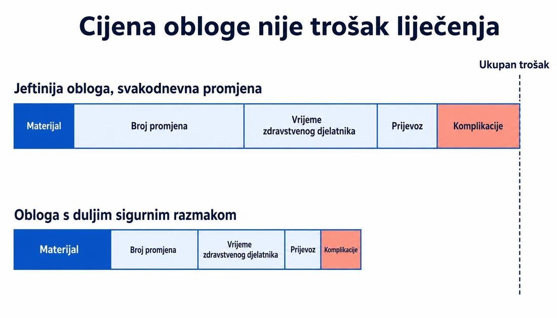 Usporedba ukupnog troška dvaju pristupa: jeftinija obloga sa svakodnevnom promjenom ima dulji ukupni stupac zbog broja promjena, vremena zdravstvenog djelatnika, prijevoza i komplikacija, dok obloga s duljim sigurnim razmakom ima veći udio materijala, ali znatno kraći ukupni stupac.