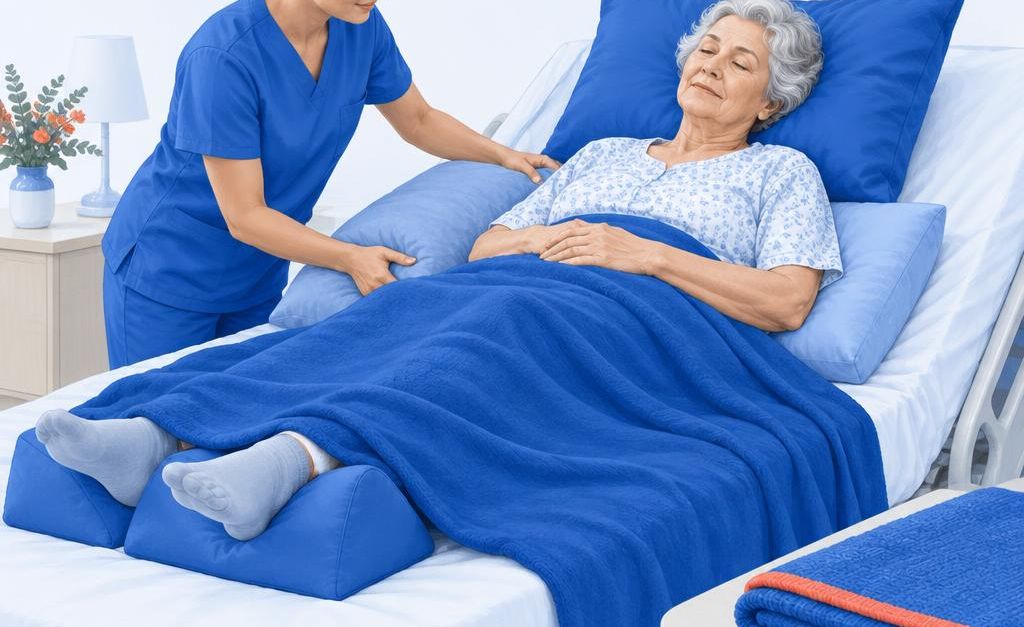 Bolesnica leži u krevetu, a medicinska sestra prilagođava pomagala za položaj i rasterećenje ugroženih područja