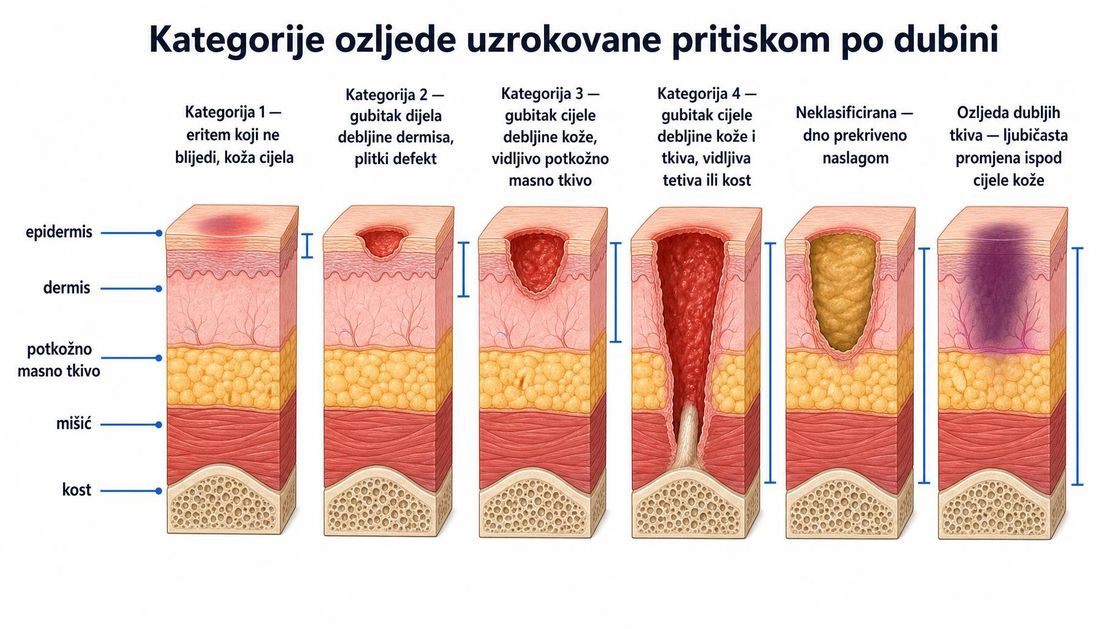 Šest presjeka kože s označenim slojevima epidermisa, dermisa, potkožnog masnog tkiva, mišića i kosti: kategorija 1 s eritemom koji ne blijedi, kategorija 2 s gubitkom dijela dermisa, kategorija 3 s vidljivim potkožnim masnim tkivom, kategorija 4 s vidljivom tetivom i kosti, neklasificirana ozljeda s dnom prekrivenim naslagom i ozljeda dubljih tkiva s ljubičastom promjenom ispod cijele kože.