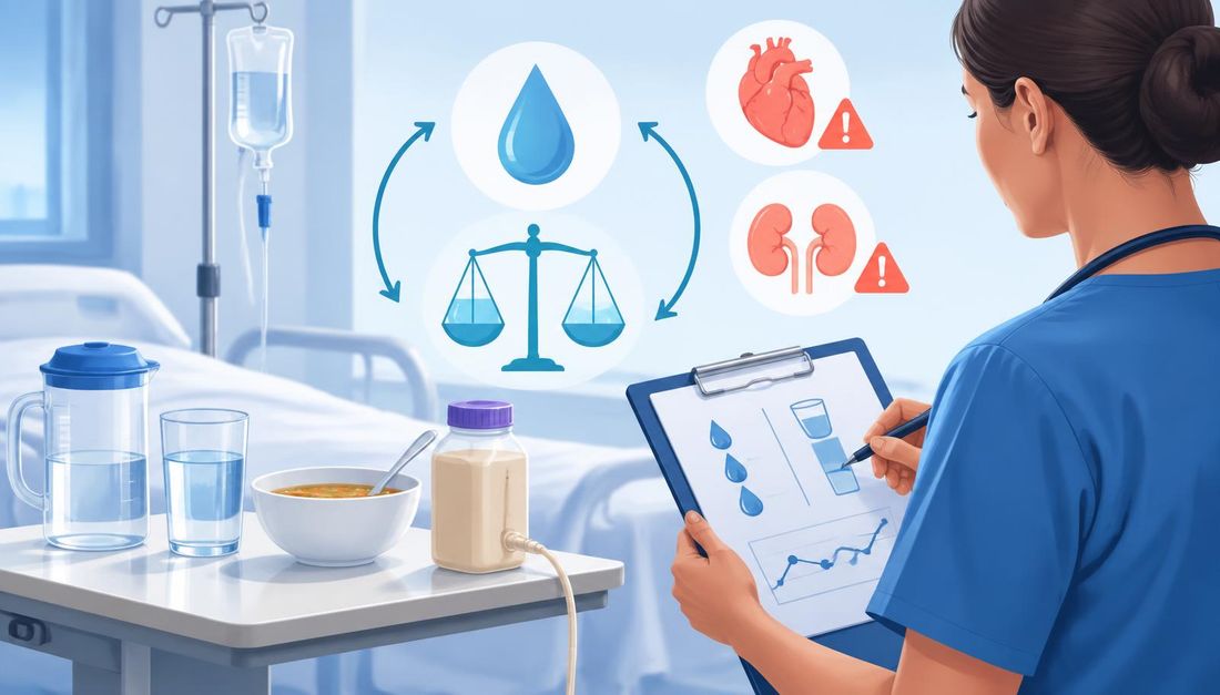 Medicinska ilustracija individualne procjene hidracije s čašom, juhom, enteralnim pripravkom, infuzijom te oznakama srca i bubrega.