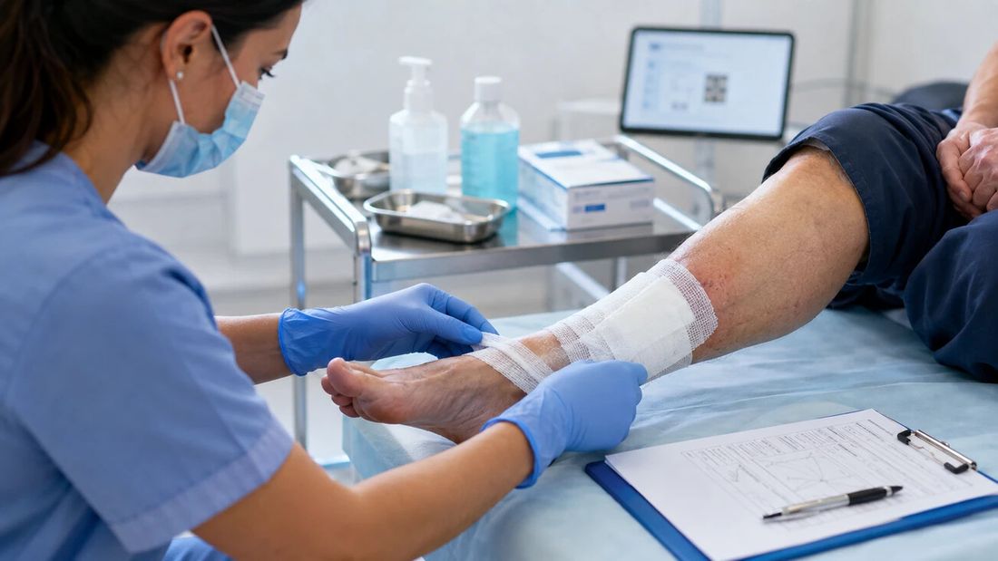 A healthcare professional assesses signs of chronic wound infection during a dressing change.