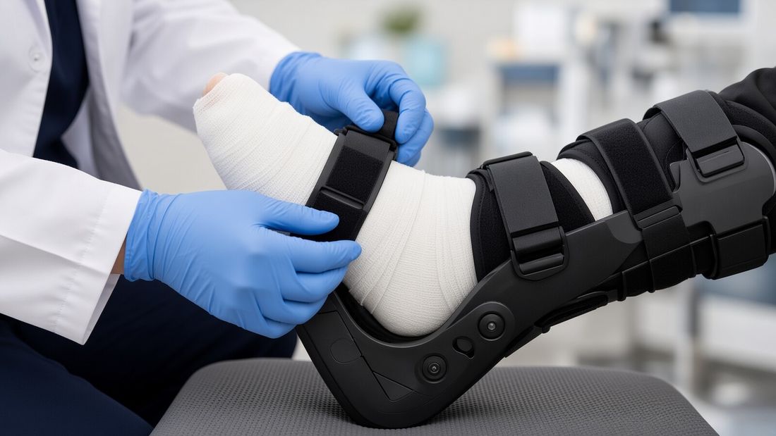 Zdravstveni tim prilagođava napravu za rasterećenje neuropatskog plantarnog ulkusa stopala.