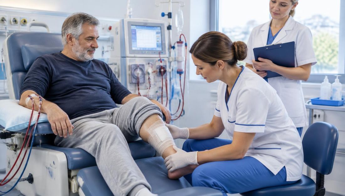 Medicinska sestra procjenjuje zavoj na potkoljenici osobe tijekom hemodijalize dok je ruka s arteriovenskom fistulom zaštićena od pritiska.
