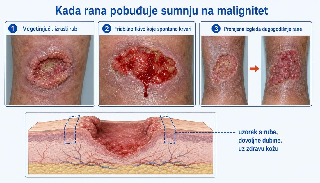 Tri prikaza rane sumnjive na malignitet: vegetirajući izrasli rub, friabilno tkivo koje spontano krvari i promjena izgleda dugogodišnje rane, uz presjek ruba rane s označenim mjestima uzimanja uzorka dovoljne dubine uz zdravu kožu.