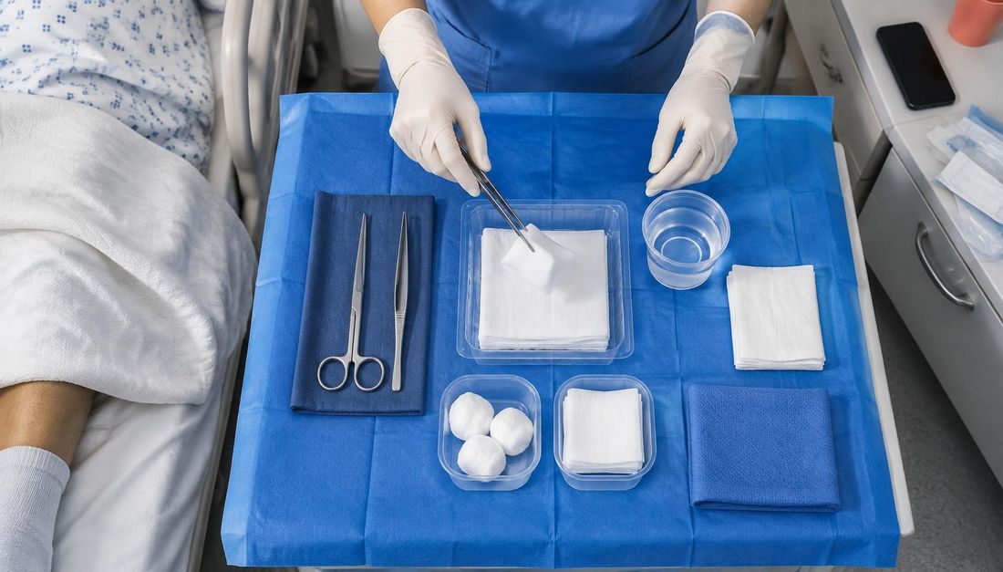 Zaštićeno radno polje s oblogama, instrumentima i posudom za tekućinu tijekom aseptične pripreme