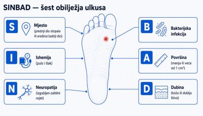Shema stopala s ulkusom i šest sastavnica SINBAD-a: mjesto, ishemija, neuropatija, bakterijska infekcija, površina i dubina.