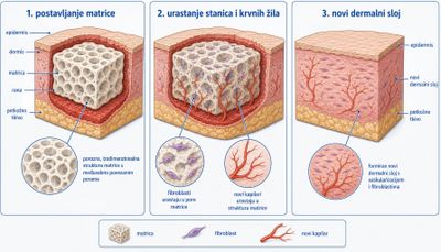 Tri panela integracije dermalne matrice: postavljanje porozne matrice u ranu, urastanje fibroblasta i novih kapilara u pore te nastali novi dermalni sloj s vidljivom vaskularizacijom.