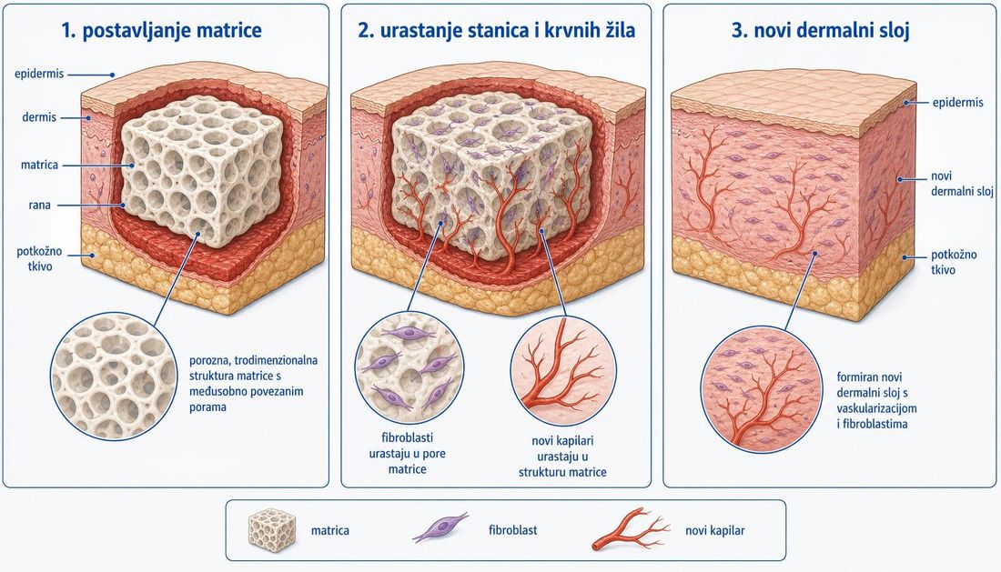 Tri panela integracije dermalne matrice: postavljanje porozne matrice u ranu, urastanje fibroblasta i novih kapilara u pore te nastali novi dermalni sloj s vidljivom vaskularizacijom.
