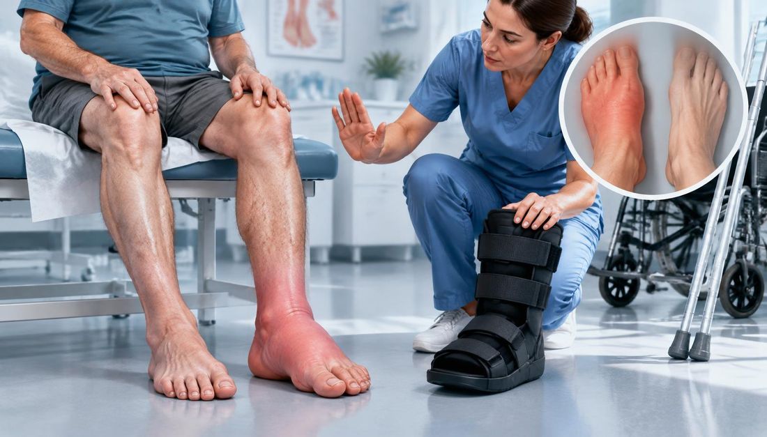 Jedno stopalo je crveno i otečeno, a medicinska sestra zaustavlja hodanje i pokazuje rasteretno pomagalo.