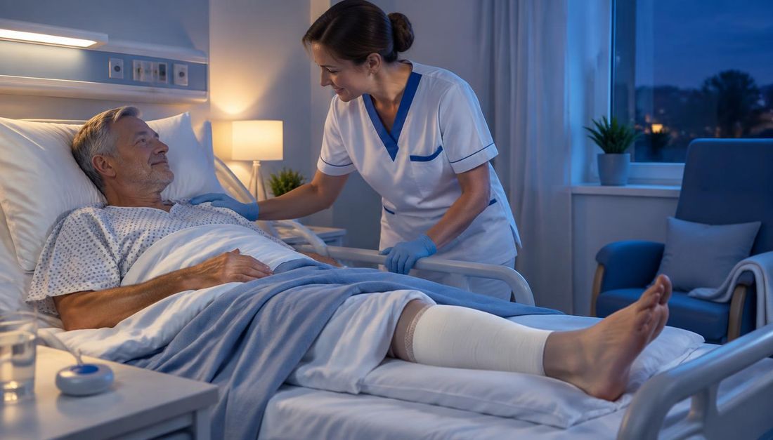 Medicinska sestra noću razgovara s budnim bolesnikom koji ima zaštićenu ranu potkoljenice.