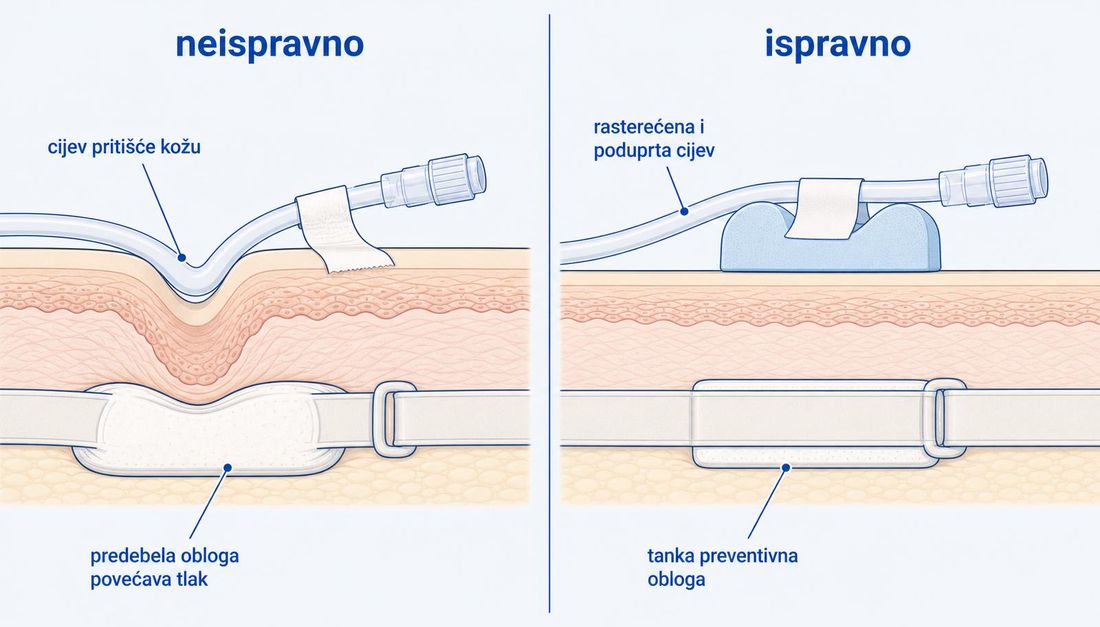 Usporedna shema presjeka kože. Na neispravnoj strani cijev leži izravno na koži i utiskuje se u epidermis i dermis, traka je zategnuta, a predebela obloga ispod čvrste trake dodatno povećava tlak. Na ispravnoj strani cijev je poduprta i rasterećena tako da ne dotiče kožu, traka leži bez napetosti, a preventivna obloga je tanka i niskoga profila.