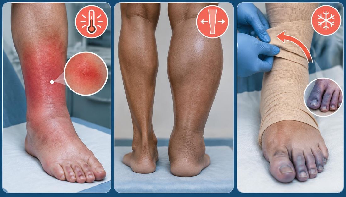 Side-by-side illustration of possible cellulitis, new unilateral swelling and signs of compromised toe circulation