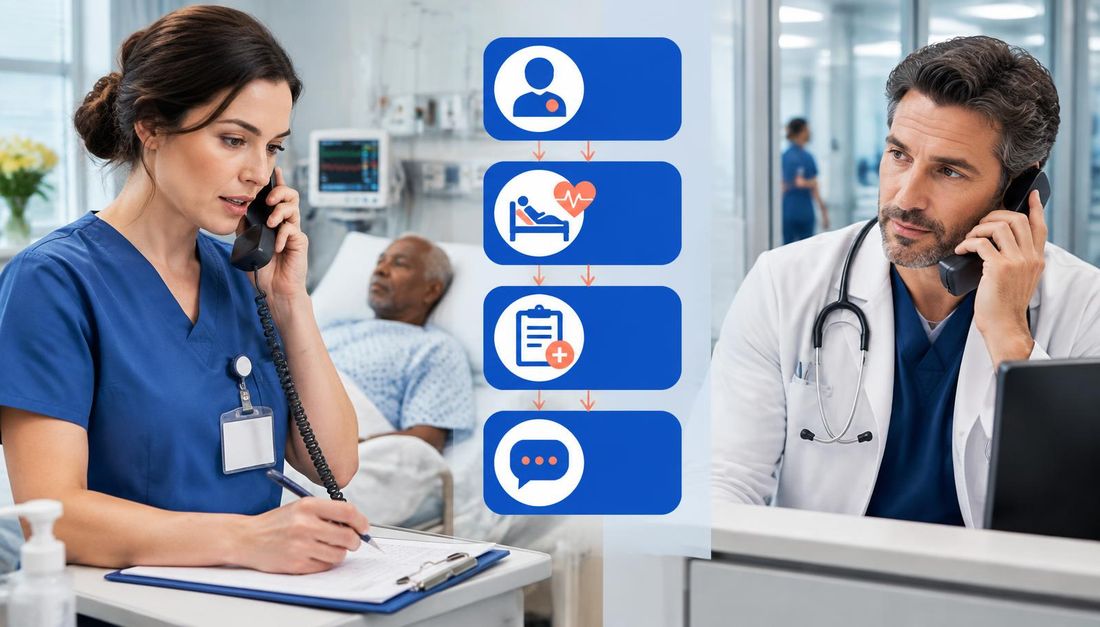 Medicinska sestra i liječnik telefonom razmjenjuju strukturiranu prijavu prikazanu četirima povezanim koracima bez teksta