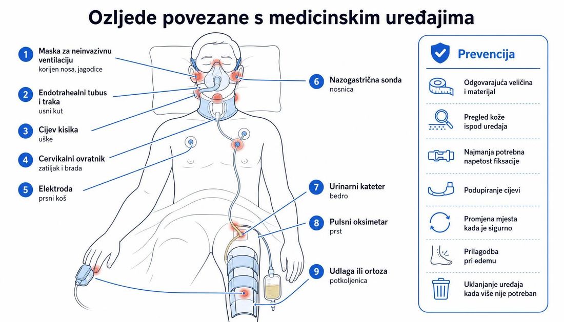 Shema ležećeg bolesnika s devet označenih mjesta pritiska uređaja: maska za neinvazivnu ventilaciju na korijenu nosa i jagodicama, endotrahealni tubus s trakom u usnom kutu, cijev kisika iza uški, cervikalni ovratnik na zatiljku i bradi, elektroda na prsnom košu, nazogastrična sonda u nosnici, urinarni kateter na bedru, pulsni oksimetar na prstu i udlaga na potkoljenici, uz popis preventivnih mjera.