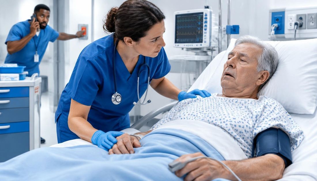 Medicinska sestra procjenjuje naglu pospanost starijega bolesnika dok drugi član tima poziva pomoć